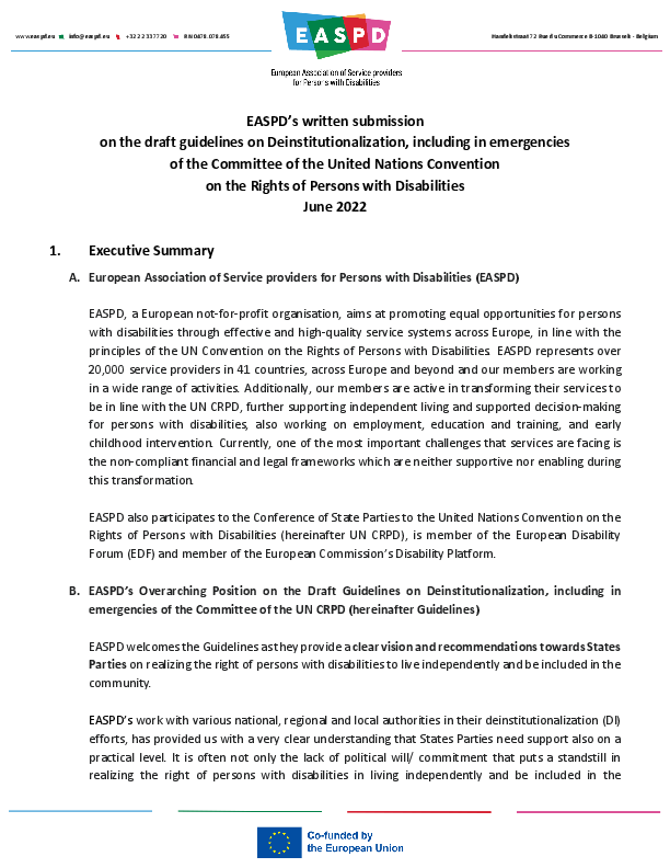 First page of the document with the title 'EASPD’s written submission on the draft guidelines on Deinstitutionalization, including in emergencies of the Committee of the United Nations Convention on the Rights of Persons with Disabilities June 2022' displayed at the top.